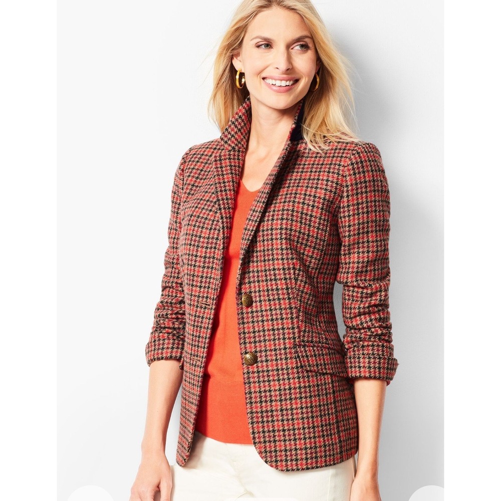Talbots Shetland Aberdeen Wool Blend Blazer 16P Houndstooth Plaid Red